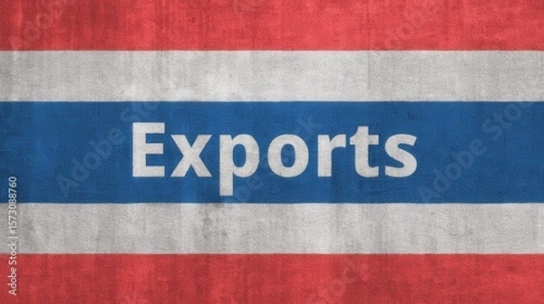 Fototapeta Export Tariff Trade Concepts. The word "Exports" is displayed on a textured background resembling the flag of Thailand, featuring red, white, and blue horizontal stripes.