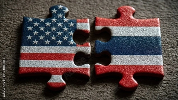 Fototapeta Import Tariff Trade Concepts. Two mismatched puzzle pieces bearing the flags of the United States and Thailand resting apart on a textured background.