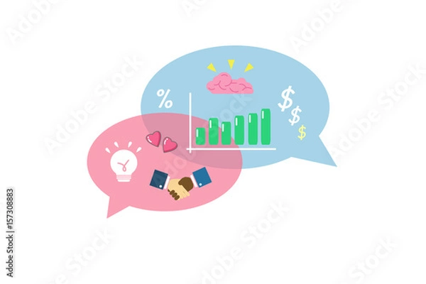 Fototapeta Business logic vs Business support. lighting,heart,shake hand,%,graph,$,dollar,brain,blue,pink. Chat Communication Speech Bubbles. Business Conversation Social Network. Flat Vector Illustration Icon.