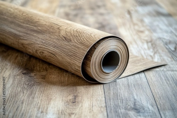 Obraz Close-up of grey vinyl flooring roll unrolling across bright modern room. Soft daylight. Wood texture detail. Clean, minimalist renovation process. Home interior improvement concept. Copy space