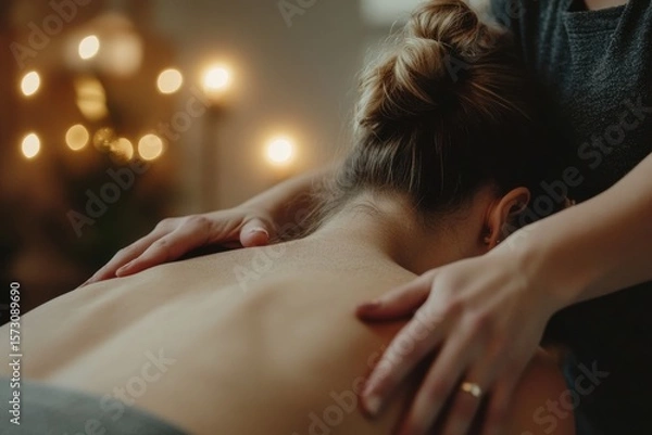 Obraz Close-up of hands massaging oiled back in spa setting. Warm light and soft focus. Relaxation, body care, and wellness treatment. Smooth skin. Gentle touch. Tranquil and serene atmosphere. Copy space.