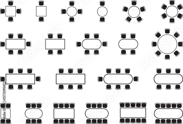 Fototapeta Seat plan icon set, Home, restaurant, seminar, school, conference, sofa, top view, chair and table, architectural plan with blueprint, customizable stroke, vector, illustration