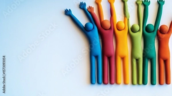 Obraz Colorful clay figures in blue, green, yellow, orange, and red stand with raised arms, symbolizing unity, celebration, diversity, and teamwork on a light background. Conceptual and joyful design.