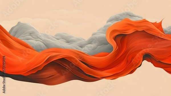Fototapeta Abstract digital artwork featuring a vibrant orange, flowing, fabric-like form contrasted with soft, cloudy grey shapes against a light background.