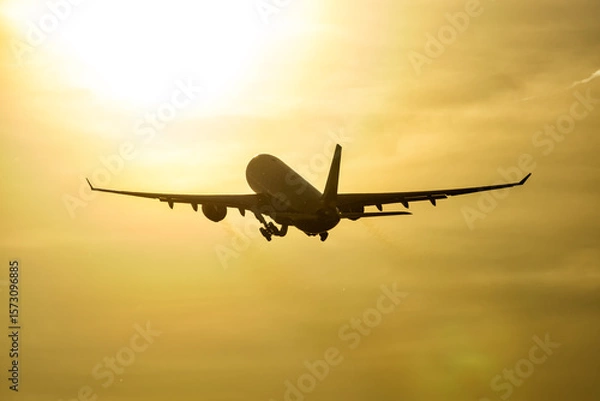Obraz Take-off of wide body passenger airplane to the setting sun