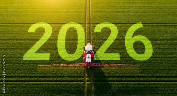 Fototapeta Aerial View of Tractor Spraying Crops in a Field with 2026 Written on the Ground