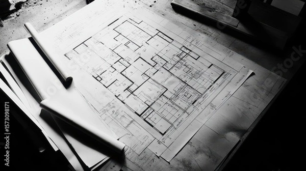 Fototapeta Blueprint Layout with Twinkle in Eyes of Aspiring Designers