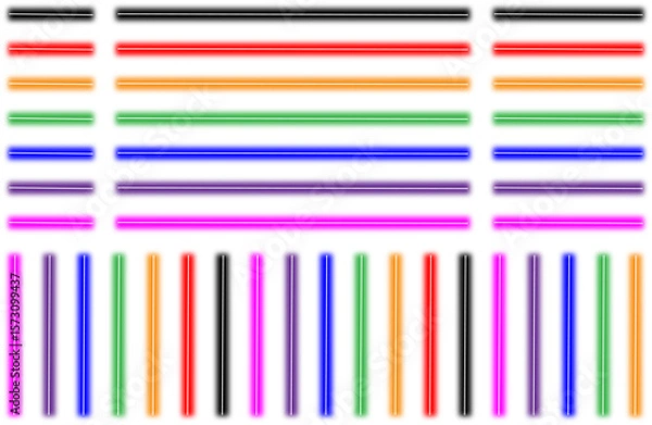 Fototapeta Striking Neon Rainbow Light Bars in Horizontal Alignment – Bold Multicolor Glow Against Deep Black Vector Background – Digital Art Design for Modern Aesthetics