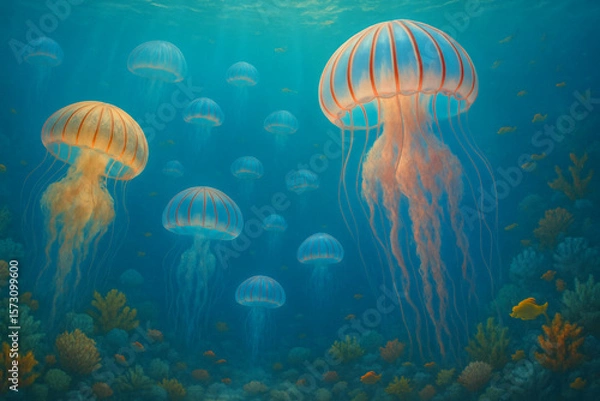 Fototapeta Digital Illustration of Jellyfish in a Colorful Underwater Coral Scene