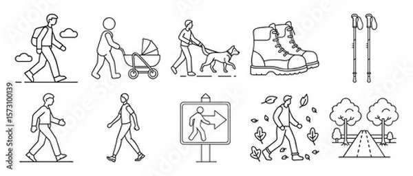 Fototapeta Walking Line Icons with People, Gear, and Nature - Set of 10 minimal walking icons featuring hikers, parents, pets, boots, signs, and trails in clean outline vector style.
