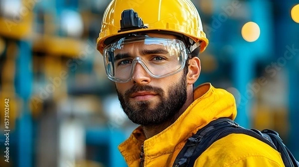 Fototapeta Focused construction worker wearing a yellow helmet and safety goggles, standing in an industrial setting.