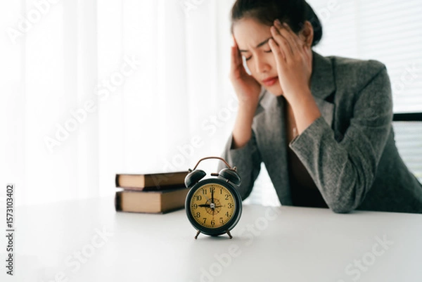Fototapeta stressed female employee has problems in the morning, feels tired, anxious, confused, and has a clock on her desk in the office.