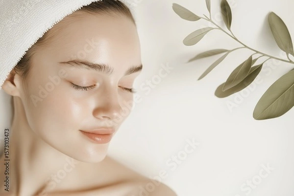 Fototapeta Close-up portrait of young woman with towel and green leaves, indoor setting, serene expression