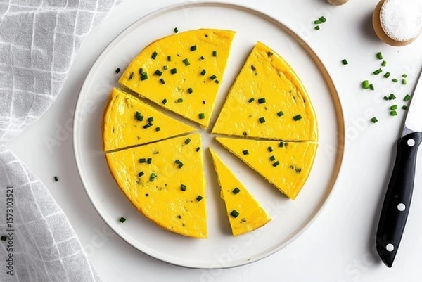 Fototapeta Dutch oven frittata cut into triangular slices, topped with chives, white plate, kitchen setting