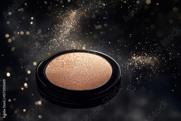 Fototapeta Cosmetic highlighter powder in round container with glitter sparkle against dark background