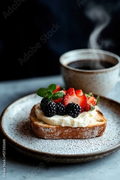 Fototapeta Delicious toast topped with berries, cream, and mint, accompanied by steaming coffee in a cup