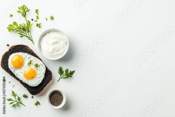 Fototapeta Swedish breakfast featuring fried eggs on dark bread with herbs and yogurt