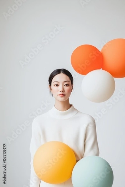 Fototapeta Young woman holding colorful balloons in studio. Smiling with casual attire
