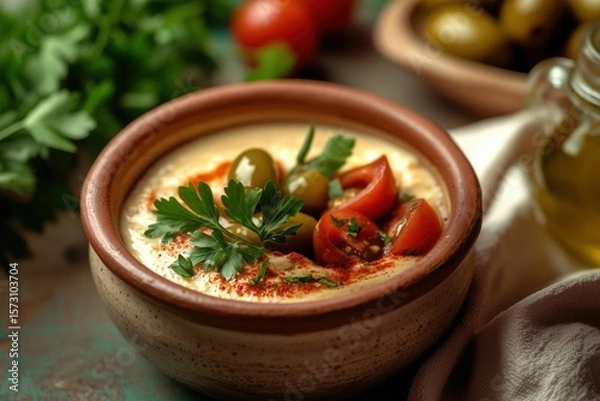 Fototapeta Bowl of hummus topped with cherry tomatoes, olives, and parsley. Healthy Mediterranean dip on rustic surface
