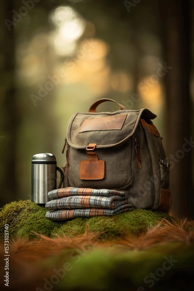 Fototapeta Camping backpack with blanket and thermos placed on mossy ground in forest environment