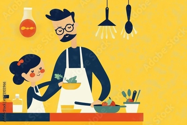 Fototapeta Father cooking with daughter in colorful kitchen, playful activity, smiling expressions