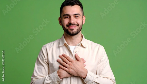 Fototapeta Smiling Young Man Clasping Hands Over Chest with Beard in Front of Green Background
