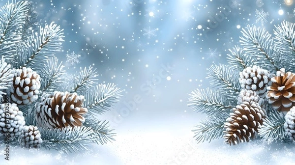 Fototapeta A serene winter-themed scene featuring snow-dusted pinecones and evergreen branches, enhanced by falling snowflakes and a soft, frosty blue background