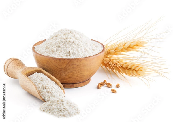 Obraz Mąka pełnoziarnista i kłosy na białym tle