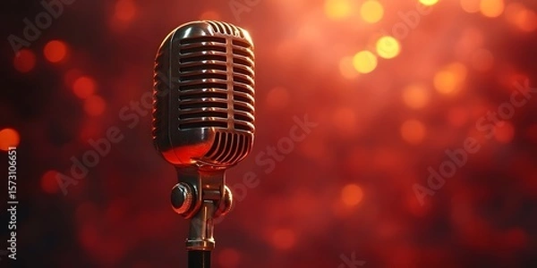 Fototapeta Retro Vintage Microphone Against a Vibrant Red Bokeh Background for Musical Themes