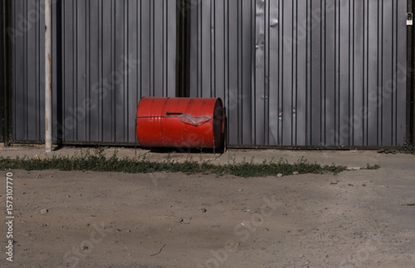 Fototapeta a trash can from an old red barrel on the background of a gray metal fence