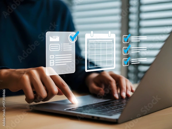Fototapeta Digital invoice processing, billing management. man using laptop to managing payment, checklist financial workflow, electronic statements., businessman working on laptop