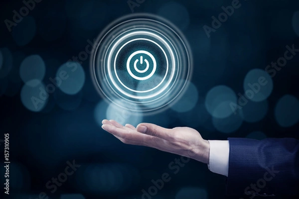 Fototapeta businessman hand  power button in screen