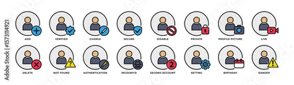 Obraz Icon Set of User, Avatar, Add, Verified, Secure, Private, Profile, Account Setting and More. Perfect for presentations, Website and app designs. Icon Line Color 