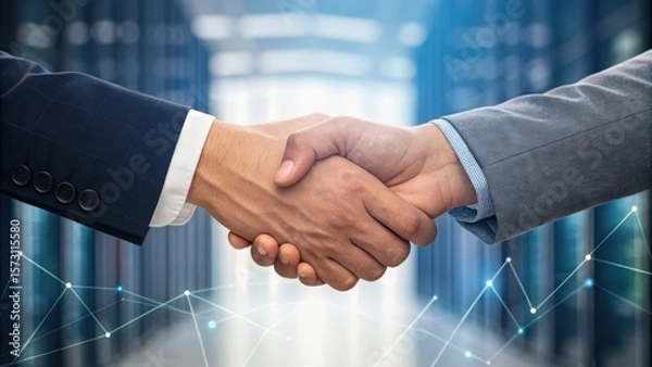 Fototapeta Handshake symbolizing partnership in a business environment, with data visualization elements in the background.