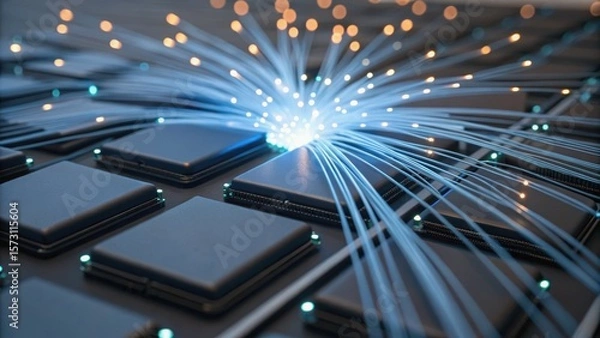 Fototapeta Abstract image showcasing blue light sparks emanating from a surface with dark rectangular elements, suggesting technology and innovation.