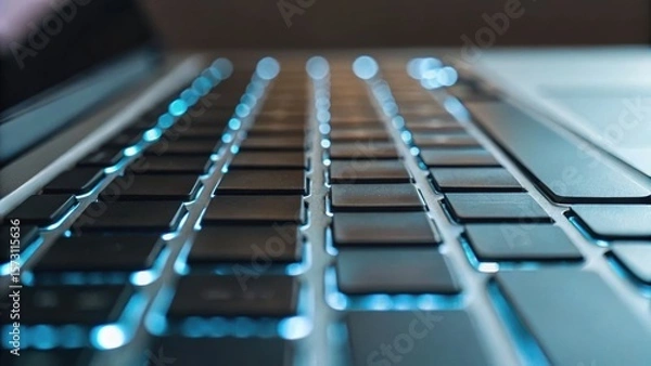 Fototapeta Close-up of a laptop keyboard with a soft focus effect, highlighting the keys and illuminated edges in a visually striking manner.