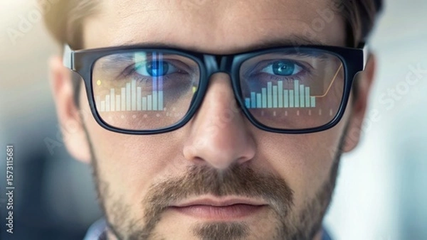 Fototapeta A man with glasses reflecting digital graphs, symbolizing analytics and technology in modern business.