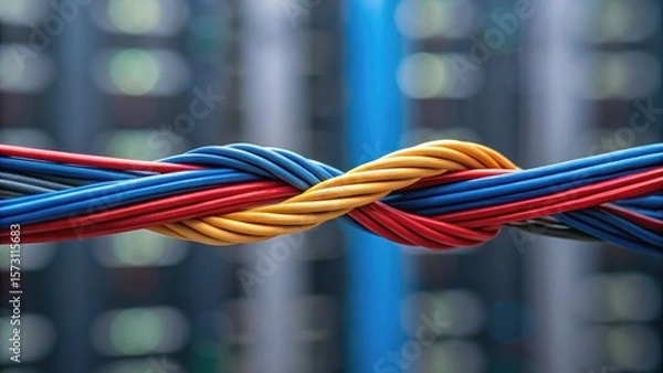 Fototapeta Twisted multicolored cables against a blurred background, representing technology and connectivity in a digital environment.