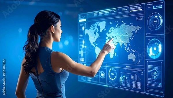 Fototapeta Woman Interacting With Futuristic Blue Digital World Map and Data Visualizations