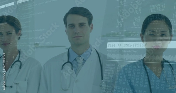 Fototapeta Doctors with encryption and data processing image overlay in hospital setting