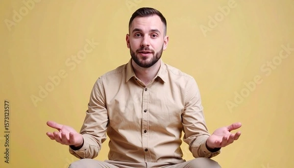 Fototapeta Young Man in Beige Shirt Explaining with Open Palms in Bright Yellow Studio