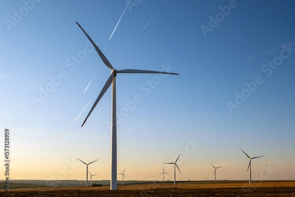 Obraz Renewable wind farm in rural region, turbines spinning under clear sky, producing clean energy without emissions, supporting environmental sustainability goals, future of energy captured in scenic