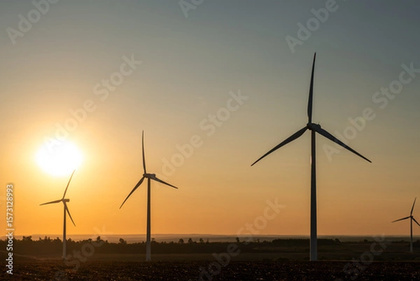 Obraz Wind power station across farmland during calm evening, spinning turbine blades generating clean electricity, renewable infrastructure, natural resource usage, sustainable environmental electricity
