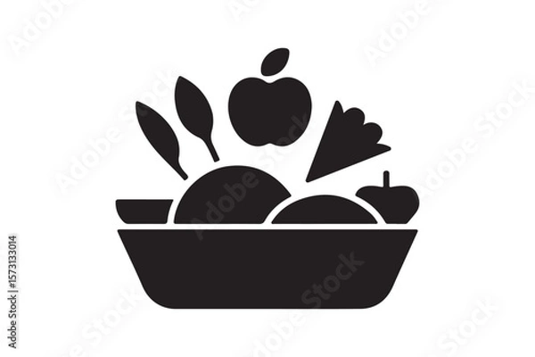 Fototapeta Stylized black icon of a bowl filled with assorted fruits and leaves