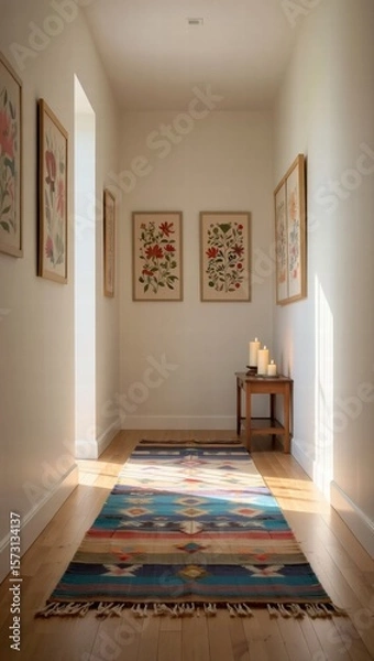 Fototapeta Minimalist hallway lit with soft natural light, decorated with colorful woven rug and framed folk art on neutral walls.
