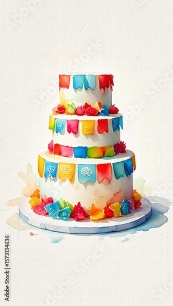 Fototapeta Three-tiered white cake decorated with vibrant mini papel picado banners and colorful frosting, perfect for festive Latin celebrations.
