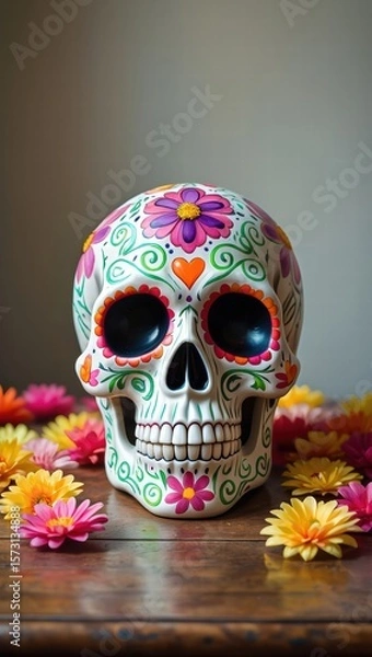 Fototapeta Brightly colored sugar skull with floral and heart motifs, symbolizing Día de los Muertos and honoring loved ones with joy.
