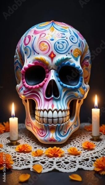 Fototapeta Vibrantly painted sugar skull surrounded by candles, representing Día de los Muertos traditions and honoring loved ones who passed.
