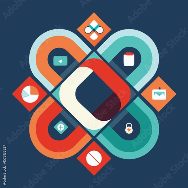 Fototapeta Abstract geometric arrangement of icons and shapes representing data visualization and digital processes