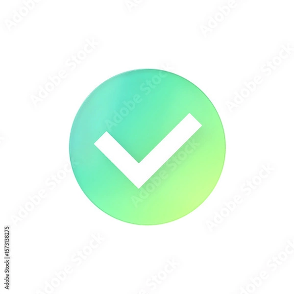 Obraz 3Dイラストアイコン。黄緑色グラデーションの透明感のある丸い背景に白いチェックマーク